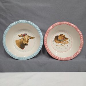 Pioneer Woman Mini Pie Plate Bowl Cowboy Hat Sweet Romance Cow Stoneware Pair